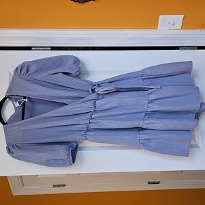 & OTHER STORIES Puff Sleeve Wrap Mini Dress Blue Rib Tiered US Size M